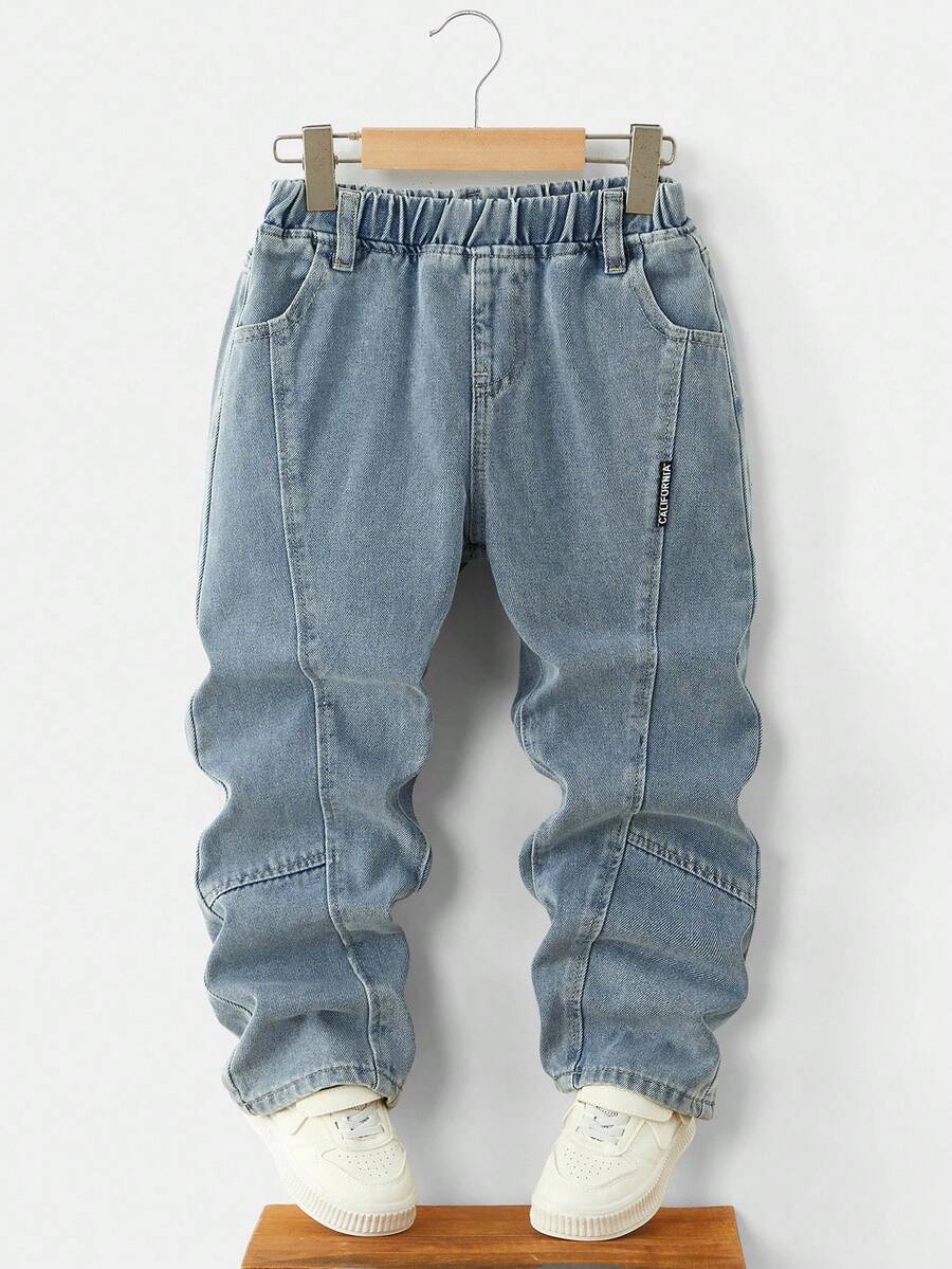 男童休闲日常水洗斜口袋松紧腰牛仔裤 - 中等水洗藍 - 查看 1