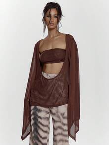 MUSERA Mesh Extreme Scoop Neck Cut Out Asymmetric Long Sleeve Bandeau Top Sexy Going Out Autumn Fall Night Out Winter Cute Streetwear Feraux Spring - Burgundy - View 5