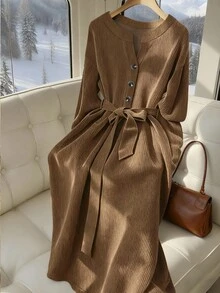 GlowEve Women's Casual Solid Color Belted Long Dress, Autumn - Brown - View 4