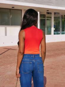 Yess Loren Women's Summer Gradient Print Pleated Asymmetric Bodysuit Sleeveless Bodysuit - Orange - View 2