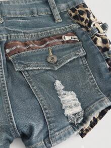 ROMWE J-Fashion Quần short denim cạp thấp họa tiết da báo Y2K Gyaru Vintage dành cho nữ - Rửa nhẹ - Xem 5