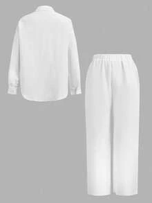SHEIN Essnce Solid Color Shirt & Pants Two Piece Set - White - View 2