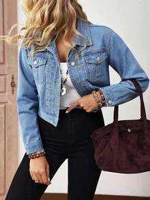 EMERY ROSE 女式休闲单排扣牛仔夹克，带口袋，秋季 - 藍色 - 查看 1