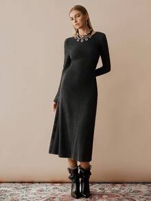 Florisole Vintage verwaschenes gestricktes rückenloses Lässig Kleid mit Kordelzug für Frauen, Herbst