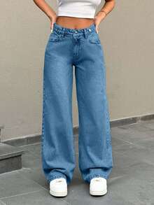EURMUSE Low Waist Button Detailed Snow Wash Straight Cut Jean - Blue - View 9