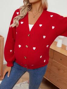 SHEIN 孕妇休闲心形刺绣开衫，秋冬 - 紅色 - 查看 5