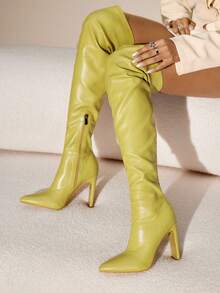 Daringsoles 尖头粗跟侧拉链黑色过膝靴，弹性派对紧身冬季正式性感女靴 - 芥末黃 - 查看 8