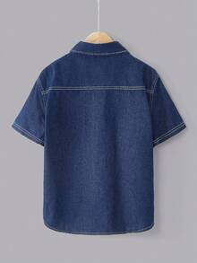 Oversized Casual Denim Shirt & Shorts Set For Tween Boy Contrast Stitching