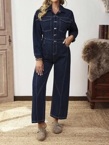 SHEIN LUNE Casual Long Sleeve Denim Jumpsuit, Suitable For Commuting In Autumn - Dark Wash - View 4