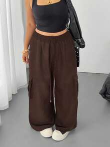 POPSWAY Pantalones casuales de camuflaje con cintura elástica y cordón, bolsillos, para mujer de talla grande