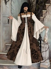 Lyrianda 大码女式露肩长袖喇叭袖荷叶边袖优雅复古花卉波尔卡圆点印花复古可爱派对休闲节日拼色连衣裙 - 咖啡棕 - 查看 6