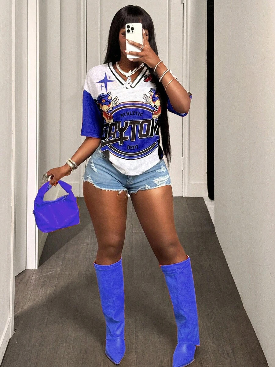 BamGleam Áo thun in chữ Tiger Colorblock thường ngày mùa hè - Xanh đậm - Xem 1