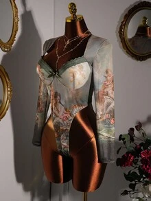 Amplova Y2K Retro Romance Plus Size Women Elegant Vintage Figure Print Bodysuit See Through Top See Through Shirt Vintage Clothes - Multicolor - View 3