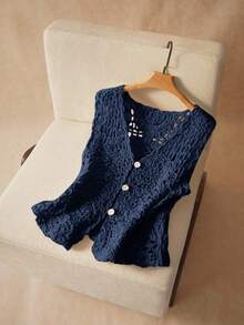 Elaquor Plus Size Women's Solid Color Minimalist Sleeveless Sweater Vest, Everyday Wear Spring To Summer - Navy Blue - View 2