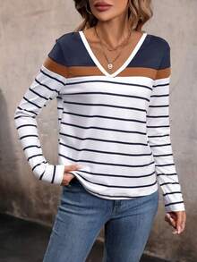 EMERY ROSE Camiseta casual de mujer con cuello en V, estampado de bloques de color y rayas, para otoño/invierno - Multicolor - Ver 3