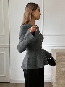 DAZY Women's Elegant Metallic Decor Round Neck Flare Sleeve Sweater, Autumn/Winter - Grey - View 3