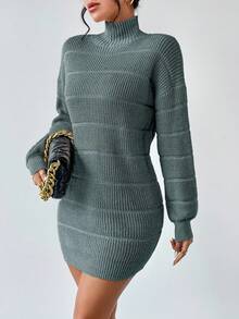 RosyDaze Váy len dệt kim họa tiết cổ cao tay dài trễ vai màu trơn dành cho nữ, mùa thu/đông - Xám - Xem 5