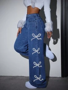 SHEIN PETITE Women's Casual Loose Fit Jeans With Bow Detail, Women Bow Jeans Pants,Denim Pants,Winter Women Clothes,Homecoming Jeans,Going Out Bottoms - Dark Wash - View 6