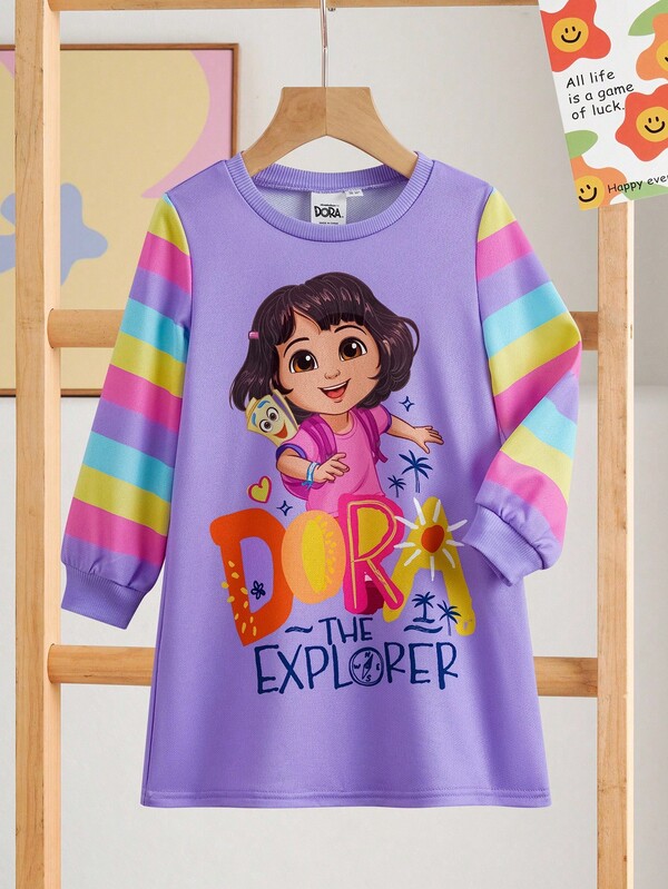 DORA | SHEIN Young Girl Cute Cartoon Dora Graphic Print Loose Fit Crew Neck Colorful Long Sleeve Thick Knit Casual Dress