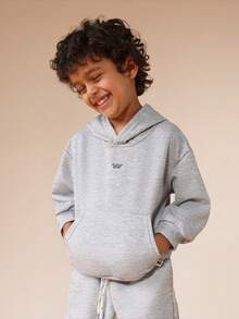 SUMWON Kids Two Piece Grey Fleece Set With Cozy Centre Pocket Hoodie And Matching Drawstring Shorts For Boys Autumn Winter Essential Wear - Light Grey - View 3