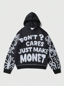 ROMWE MEN Goth Men's Fashionable Slogan Print Hoodie, Autumn - Black - View 5