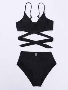 Swim Vcay Summer Beach Solid Bikini Set Crisscross Tie Back Bra & Overlap High Waisted Bottom 2 Piece Bathing Suit