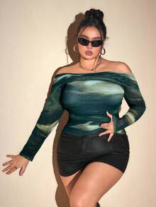 SHEIN ICON Blusa de punto con hombros descubiertos, fruncida y con estampado de teñido anudado para mujer de talla grande - Multicolor - Ver 5