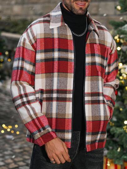 Manfinity CasualCool Men Plaid Casual Loose Fit Long Sleeve Zip-Up Overcoat, Flannel Button Up Plaid Overcoat, Christmas, Fall/Winter