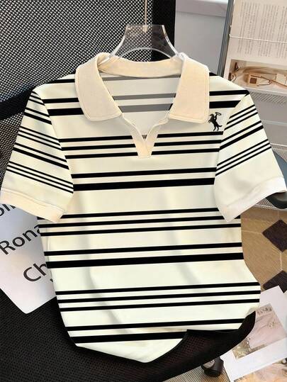 INAWLY Áo thun polo cổ tròn tay ngắn họa tiết hiệp sĩ sọc cỡ lớn dành cho nữ