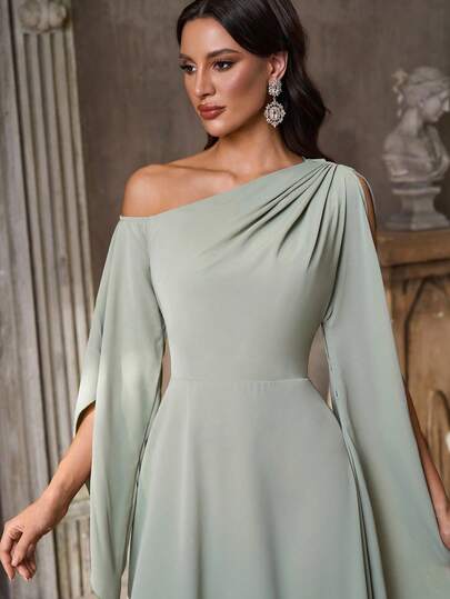 Aureia Elegant Luxurious Satin Flare Sleeve A-Line Dress, Suitable For Weddings, Parties, Vacations, Balls, Galas, Bridesmaid (Adult)