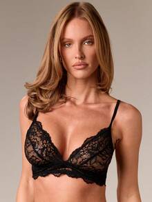 AiiRZ Delicate Black Lace Triangle Bralette With Eyelash Trim Longline Design Feminine Scalloped Edge Unpadded Soft Cup Holiday Party Evening Lingerie Collection - Black - View 1