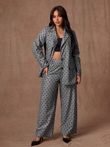 Rustia 大码波点翻领长袖优雅复古休闲西装外套 + 直筒裤 2 件套，适合工作和度假，秋冬 - 灰色 - 查看 4