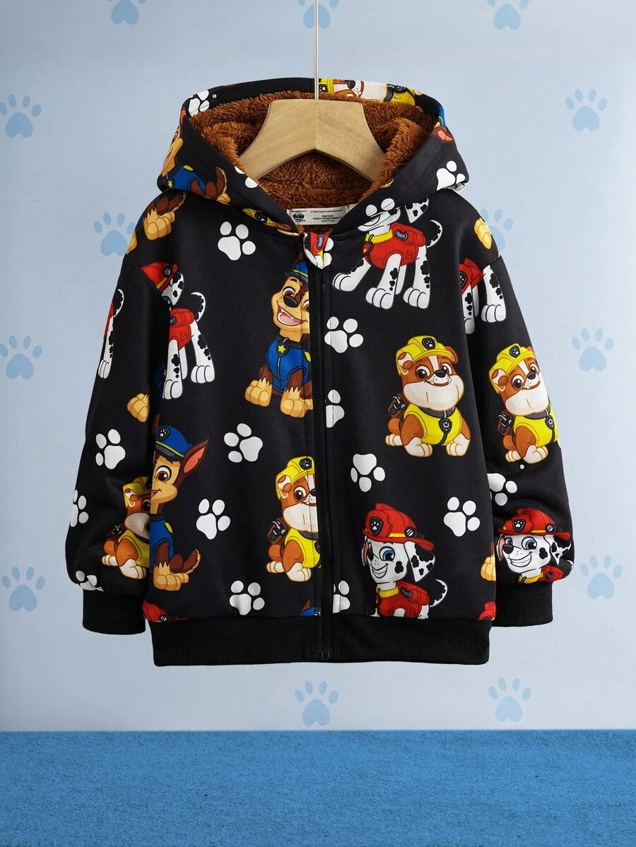 SHEIN | PAW Patrol Bluza z kapturem i zamkiem błyskawicznym, z nadrukiem uroczego szczeniaka, dla chłopca, z długim rękawem, na co dzień, na zewnątrz, z dzianiny w kolorze czarnym