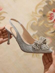 CUCCOO TILAWA Women's Fashion Pointed Toe Backless Strap Glitter Material Rhinestone Butterfly Sexy Evening Party Wedding Stiletto High Heel Pumps For Christmas - Silver - View 6