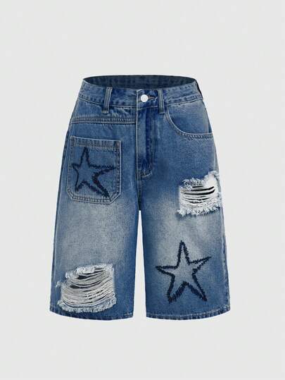 Grunge Punk Shorts en jean décontracté imprimé étoile pour femmes grandes tailles, coupe ample et déchiré