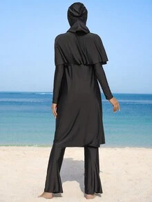 Swim Mulvari Women's Black Hooded Cloak, Loose Fit Long Dress, Long Sleeve Loose Flared Pants, Full Coverage Outfit Abayas Dubai Luxury Modest Swim Dress Two Piece Set Dress With Neck Scarf Black Abaya - Black - View 2