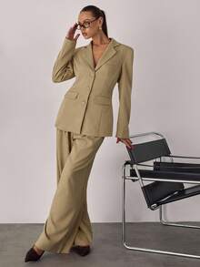 SHEIN BAE Women's Casual Commuter Minimalist Striped Print Low-Rise Wide-Leg Pants Perfect For Commuting And Work Attire, Suitable For Daily Professional Wear Straight-Leg Tailored Trousers Autumn Winter Clothes For Women - Yellow - View 7