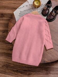 SHEIN Playful Pals فستان كنزة صوفية بناتي جديد عصري متعدد الاستخدامات بشريط ربطة عقدة الفراشة بلون سادة