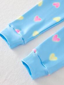 年轻女孩海军蓝简约全身心爱心、星星、鹿印花长袖上衣和紧身裤两件套睡衣套装 - 淺藍色 - 查看 3