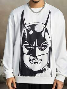 BATMAN X SHEIN Men's Casual Portrait Graphic Crew Neck Sweatshirt And Shorts Set, Autumn - Black and White - View 3