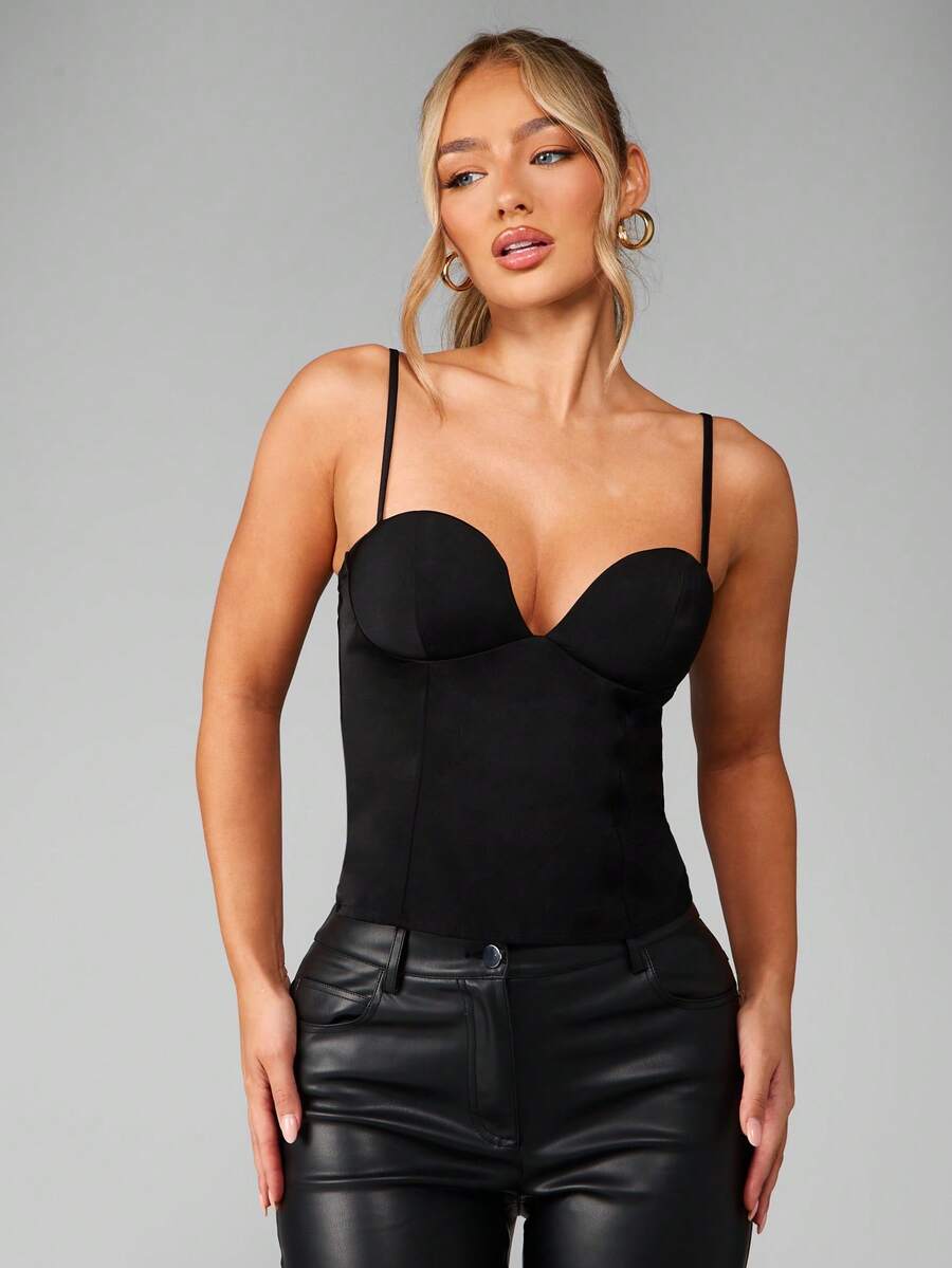 MISSGUIDED Satin Structured Bustier Corset Style Cami Crop Top With Adjustable Spaghetti Straps Evening Party Club Night Out Fashion - Black - View 1