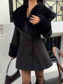 SHEIN Unity 女式高端黑色仿毛领拼接袖修身毛呢大衣，欧美时尚商务休闲 - 黑色 - 查看 5