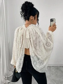 Elenzga 大码优雅通勤雪纺提花蝙蝠袖上衣 - 杏色 - 查看 2