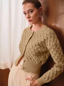 MOTF PREMIUM WOMEN'S ROUND NECK LONG SLEEVE RHINESTONE DECOR ELEGANT LONG SLEEVE CARDIGAN - Khaki - View 8