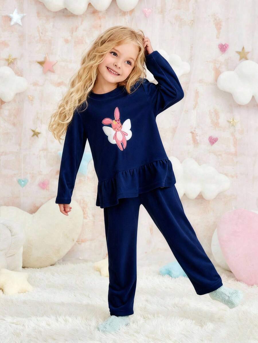 مجموعة بيجاما كاجوال من قطعتين (ملابس علوية كم طويل وبنطلون) مطرزة برسم أرنب بتصميم بسيط للفتيات، باللون الأزرق الفاتح