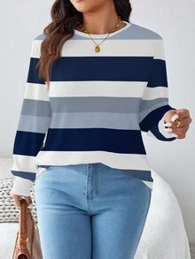 EMERY ROSE 大码女式休闲条纹拼色图案宽松圆领长袖T恤，全身印花设计，秋冬 - 藍色 - 查看 4