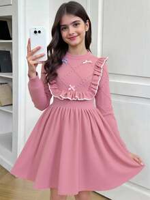 SHEIN Vestido casual de media longitud con dobladillo de volantes dulce para niña preadolescente, otoño/invierno - Rosa - Ver 7