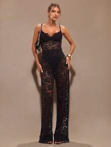 SHEIN BAE 黑色透明蕾丝无袖连体裤，优雅的日常外出装，约会，派对，不对称阔腿连体裤，适合春夏季 - 黑色 - 查看 4