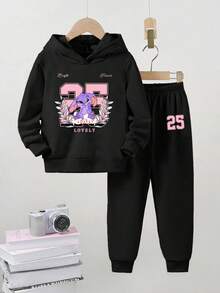 2 件套女童长袖连帽运动衫，字母和可爱动物印花上衣，休闲时尚舒适服装，秋冬 - 彩色 - 查看 3