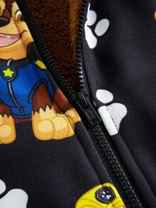 SHEIN | PAW Patrol Bluza z kapturem i zamkiem błyskawicznym, z nadrukiem uroczego szczeniaka, dla chłopca, z długim rękawem, na co dzień, na zewnątrz, z dzianiny w kolorze czarnym